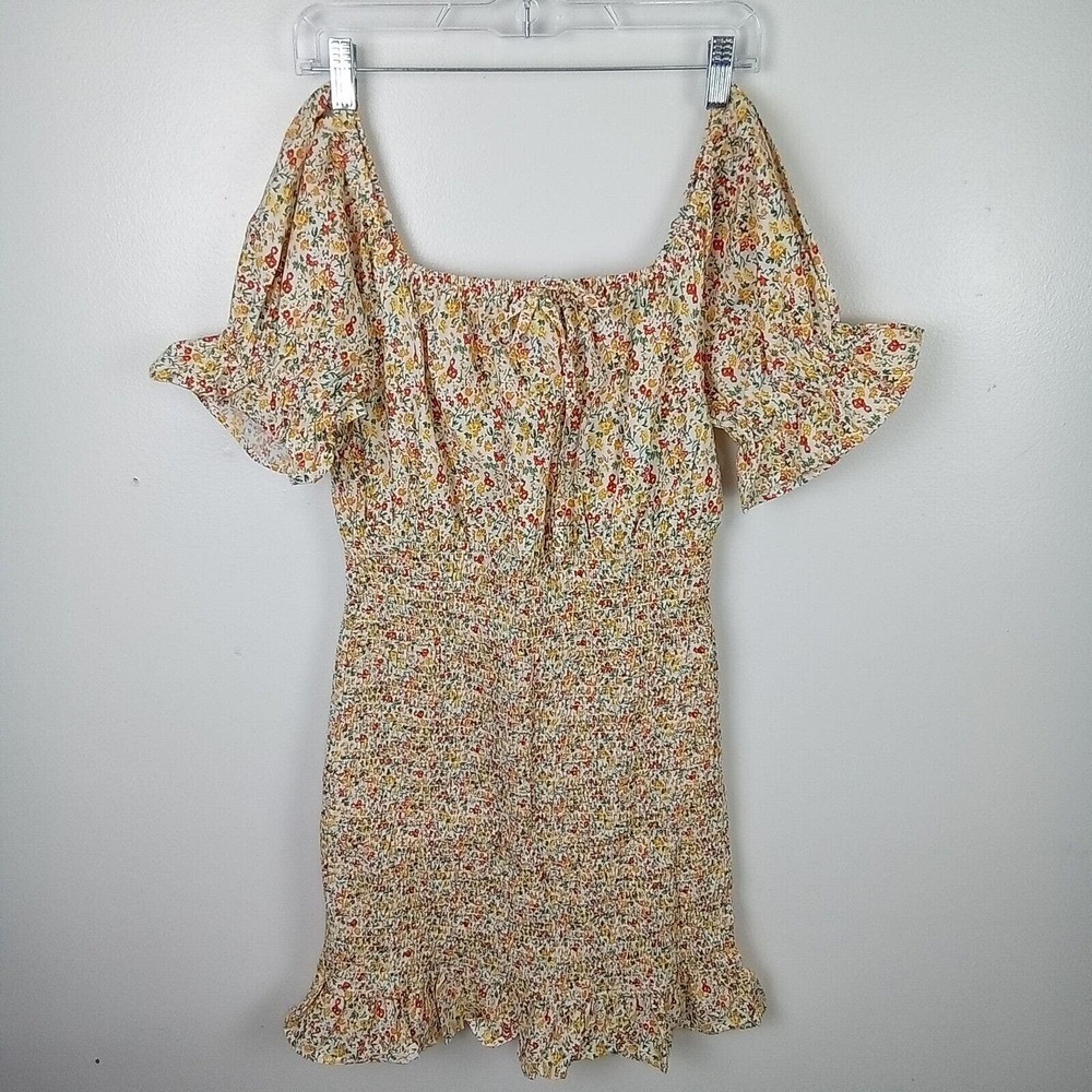Womens Yellow Ditsy Floral Dress Size 8 Off Shoulder Smocked Puff Sleeve Prairie